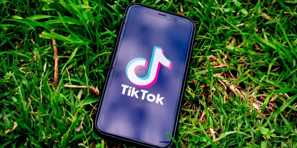 Handy auf grüner Wiese mit TikTok Logo auf dem Bildschirm